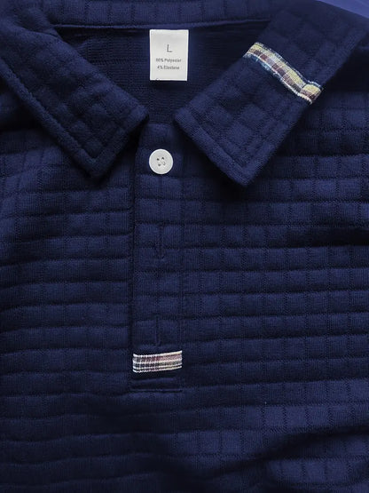 Men's long-sleeve quilted polo shirt with button placket and zipped sleeve pocket