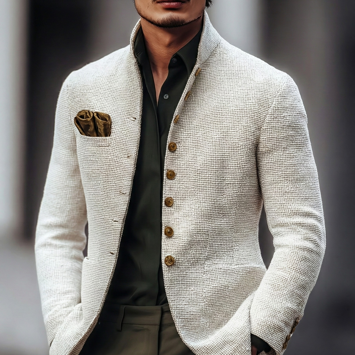 Men's cream textured cardigan with stand collar, brown buttons and patch pockets
