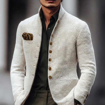 Men's cream textured cardigan with stand collar, brown buttons and patch pockets