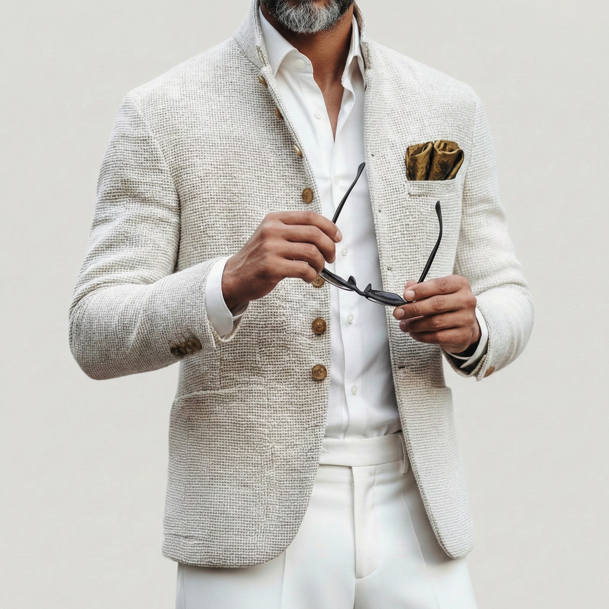 Men's cream textured cardigan with stand collar, brown buttons and patch pockets