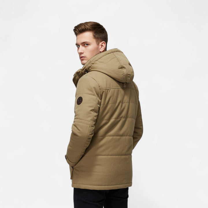 Men's padded hooded parka jacket with utility pockets and zip fastening