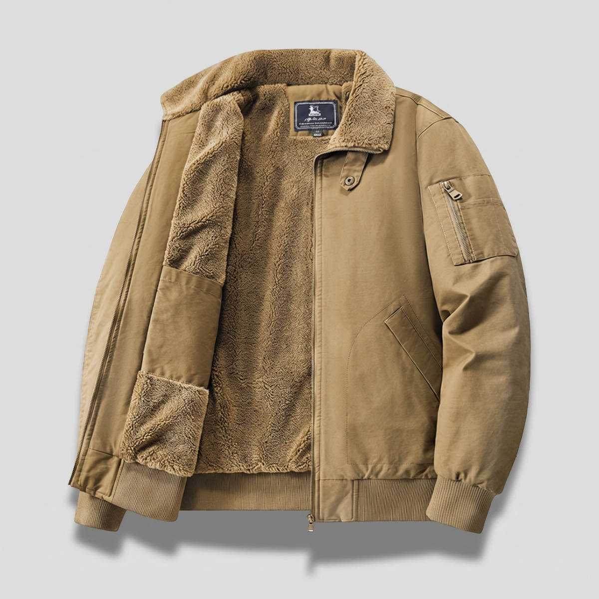 Men's plain fleece-lined bomber jacket with mock collar, zip front and utility pockets