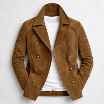 Men's double breasted pea coat with notched collar and long sleeves