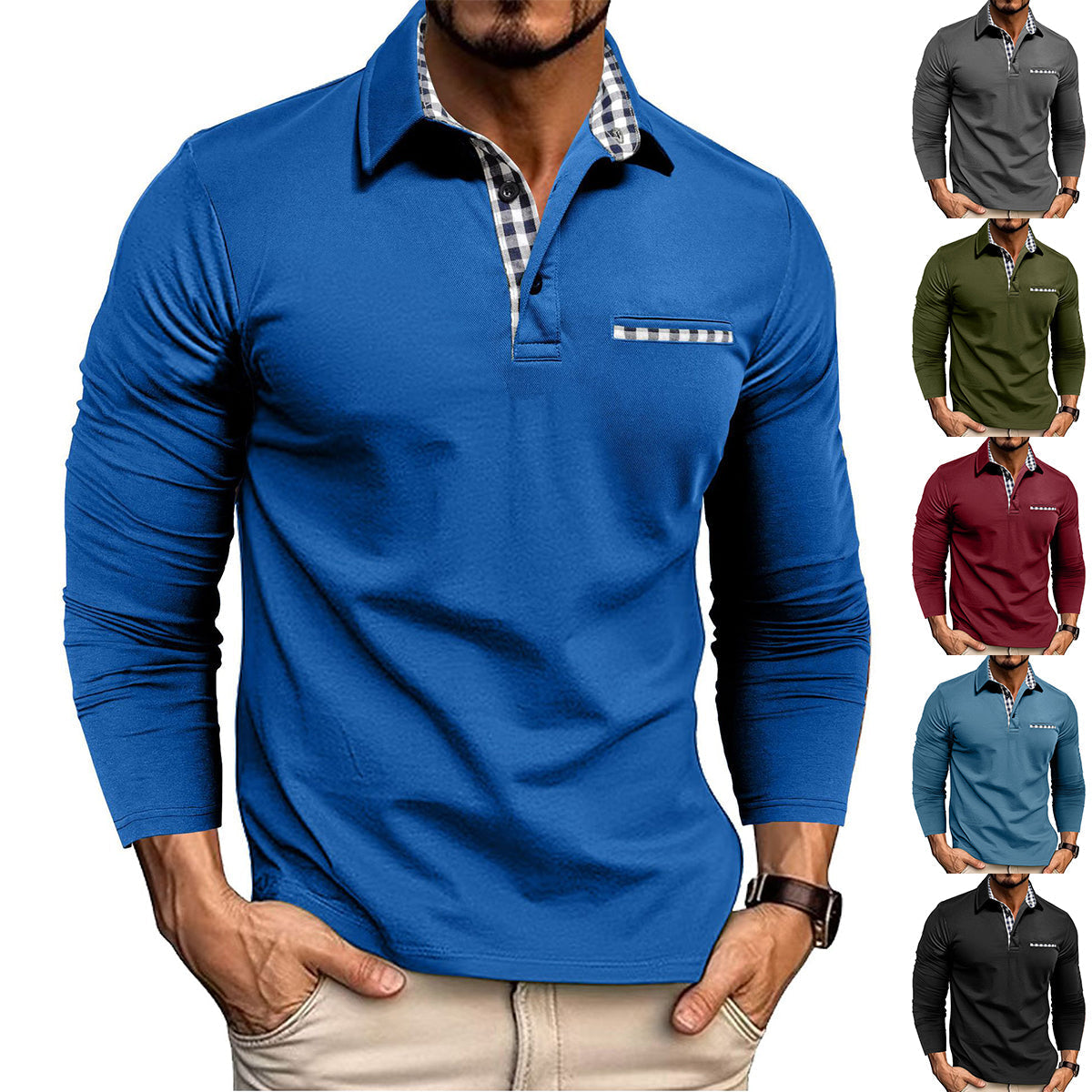 Men's long sleeve polo shirt with checked collar trim and button placket
