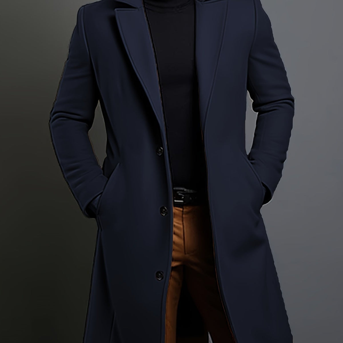 Men's tailored longline trench coat with lapels, buttons and angled side pockets