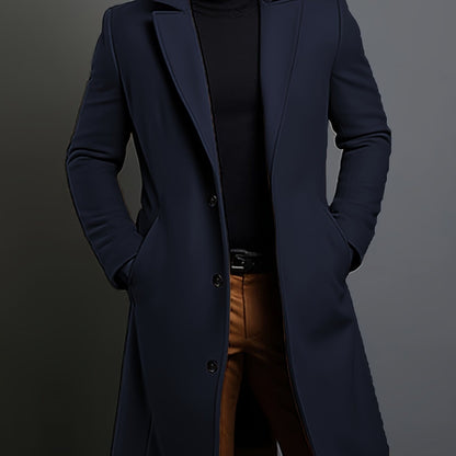 Men's tailored longline trench coat with lapels, buttons and angled side pockets