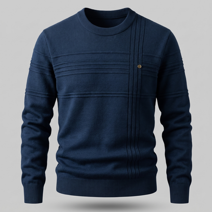 Men's crew neck knit sweater with ribbed horizontal and vertical detailing