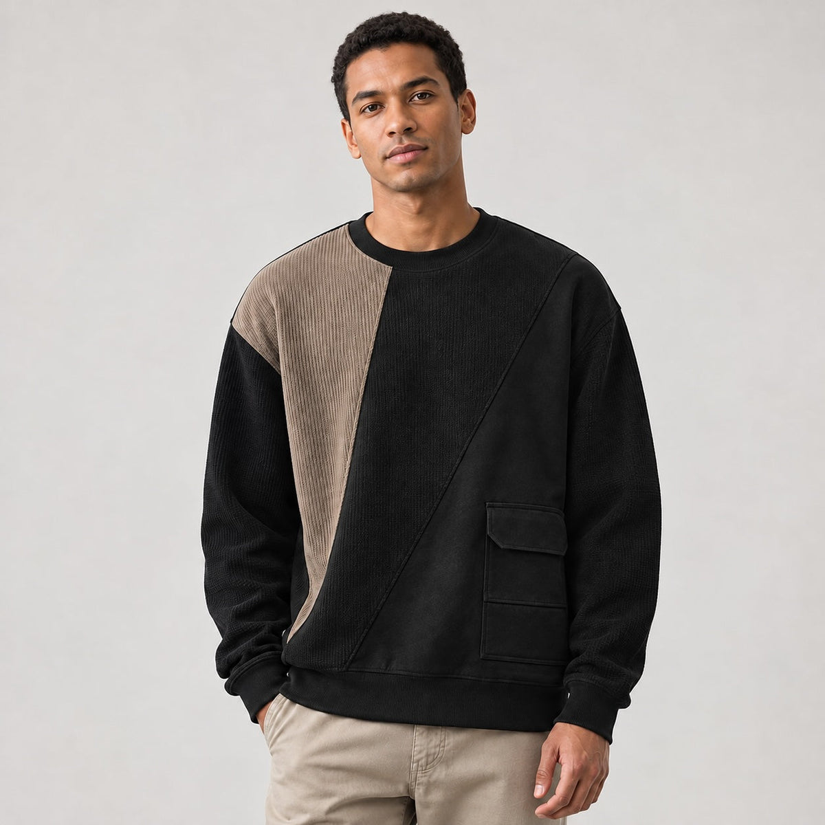 Unisex colour block ribbed sweatshirt with crew neck, long sleeves and front patch pockets