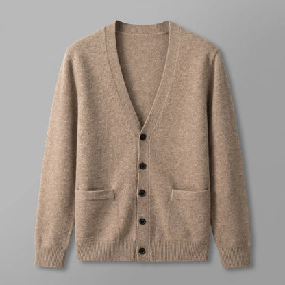Men's V-neck button cardigan with long sleeves, ribbed trims and front pockets