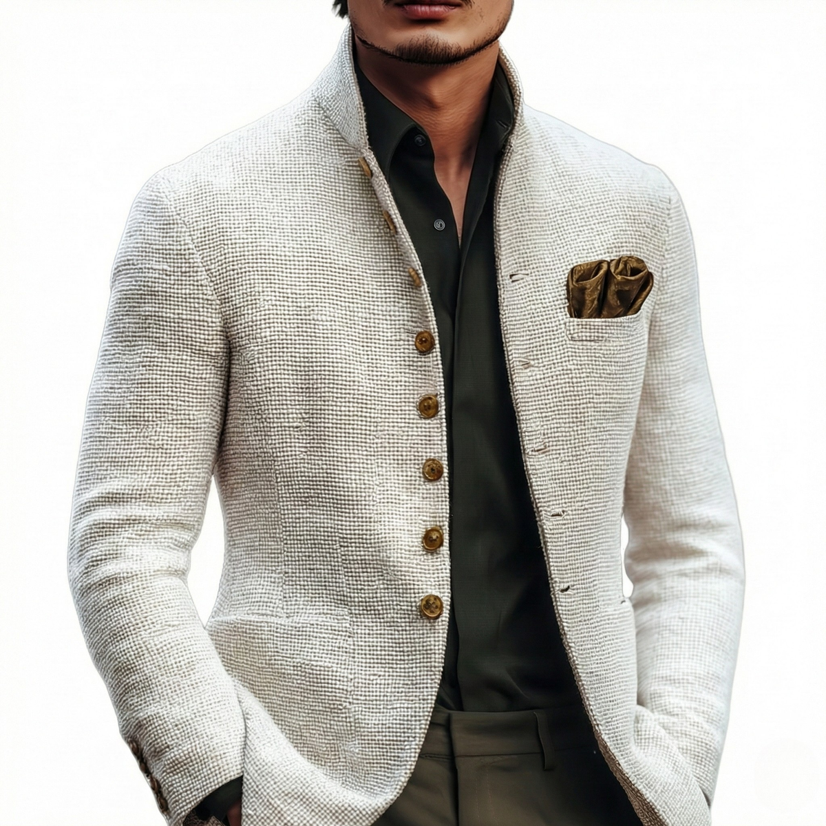 Men's cream textured cardigan with stand collar, brown buttons and patch pockets