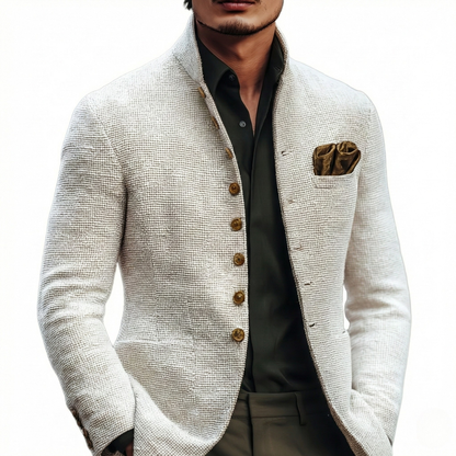 Men's cream textured cardigan with stand collar, brown buttons and patch pockets