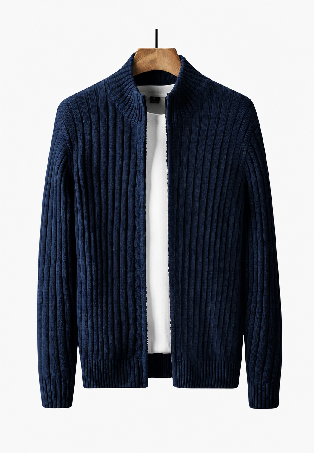 Men's full-zip cardigan with high neckline and vertical textured finish