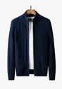 Men's full-zip cardigan with high neckline and vertical textured finish