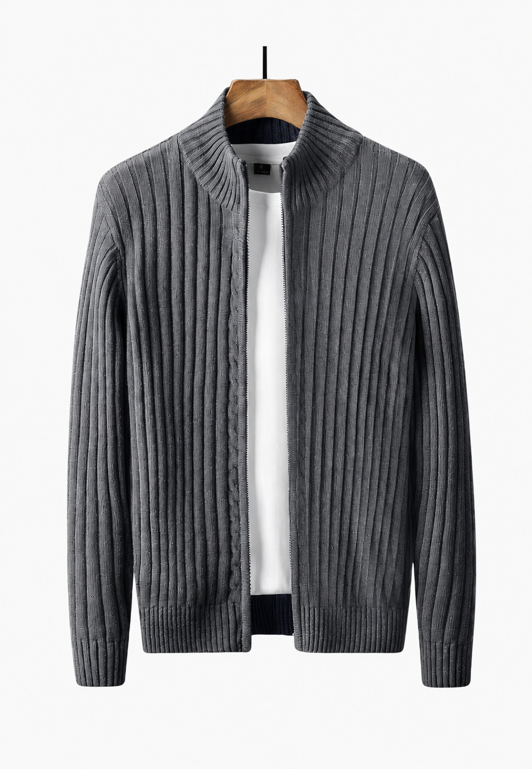 Men's full-zip cardigan with high neckline and vertical textured finish