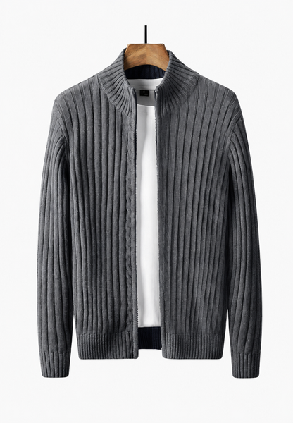 Men's full-zip cardigan with high neckline and vertical textured finish