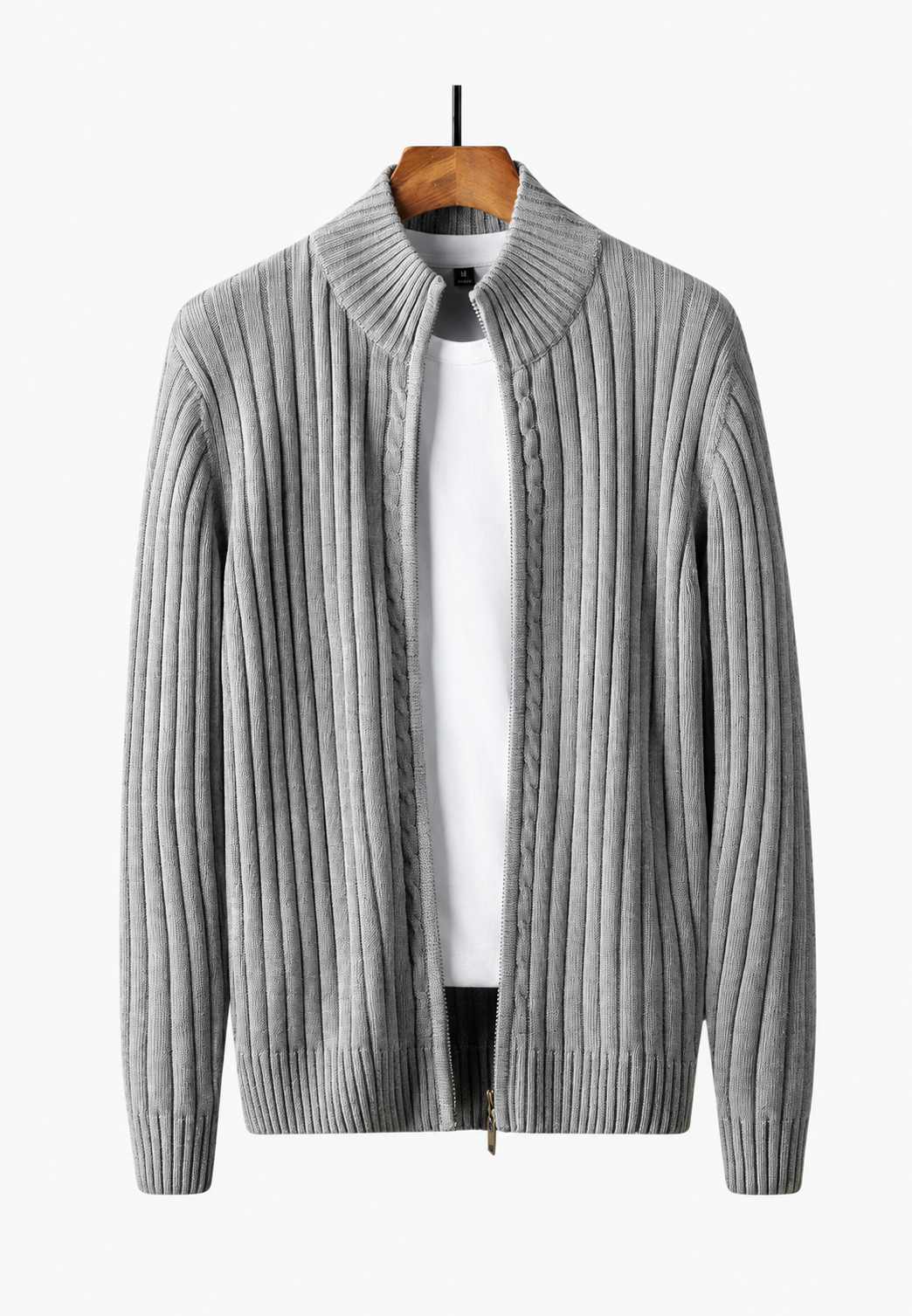 Men's full-zip cardigan with high neckline and vertical textured finish