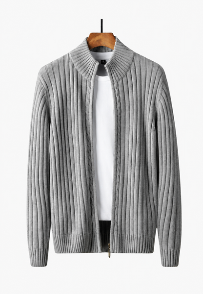 Men's full-zip cardigan with high neckline and vertical textured finish