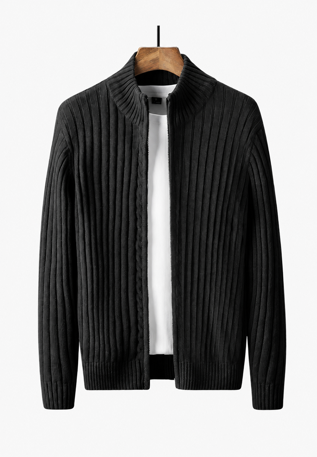 Men's full-zip cardigan with high neckline and vertical textured finish