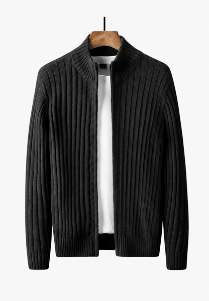 Men's full-zip cardigan with high neckline and vertical textured finish
