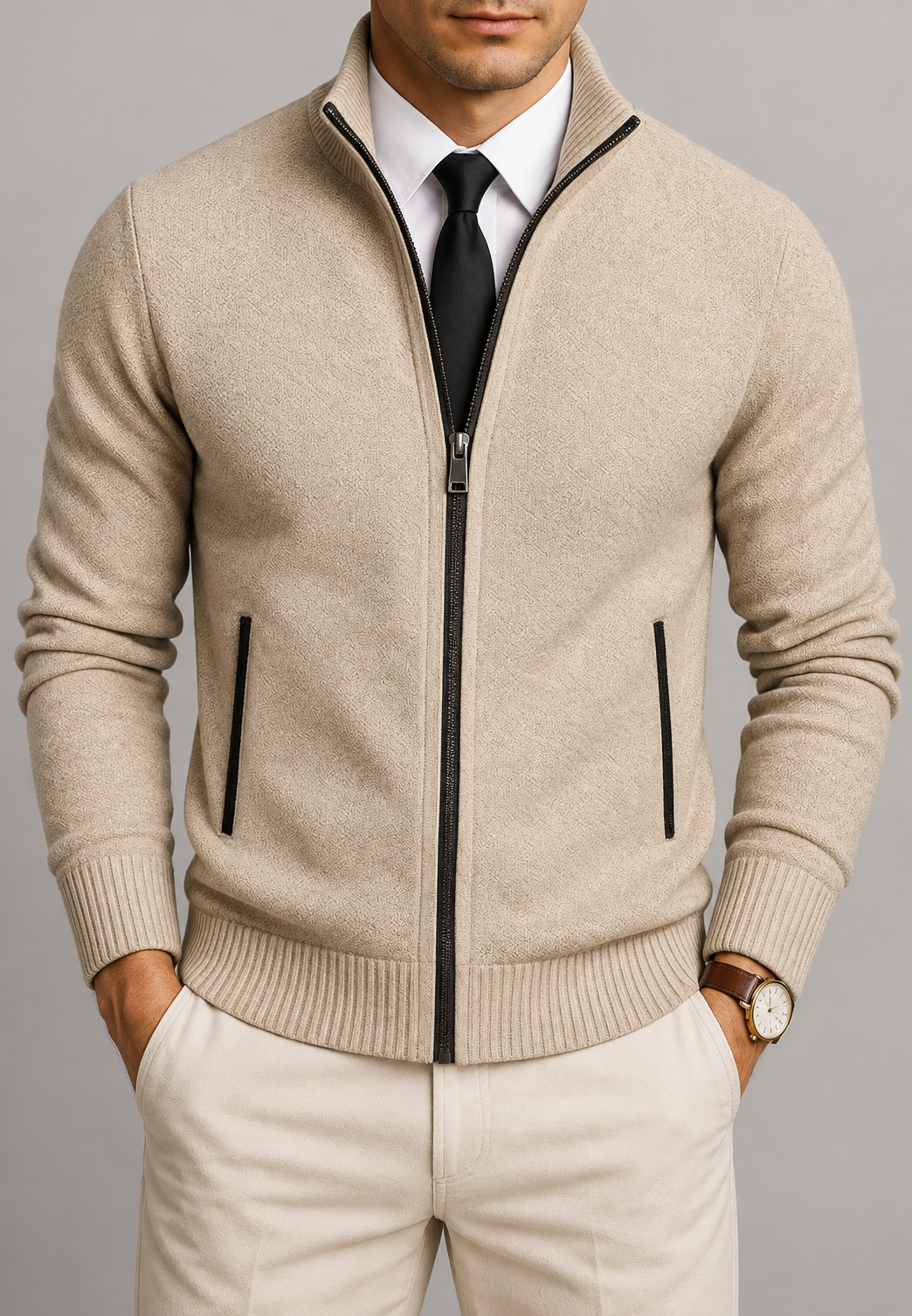 Men's textured zip cardigan with high stand collar and ribbed trims