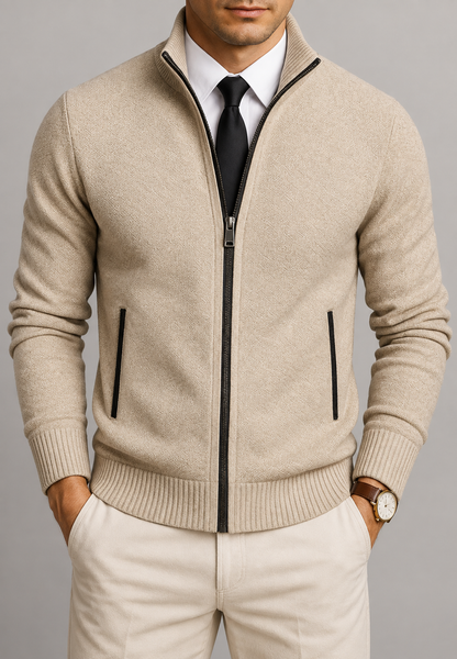 Men's textured zip cardigan with high stand collar and ribbed trims