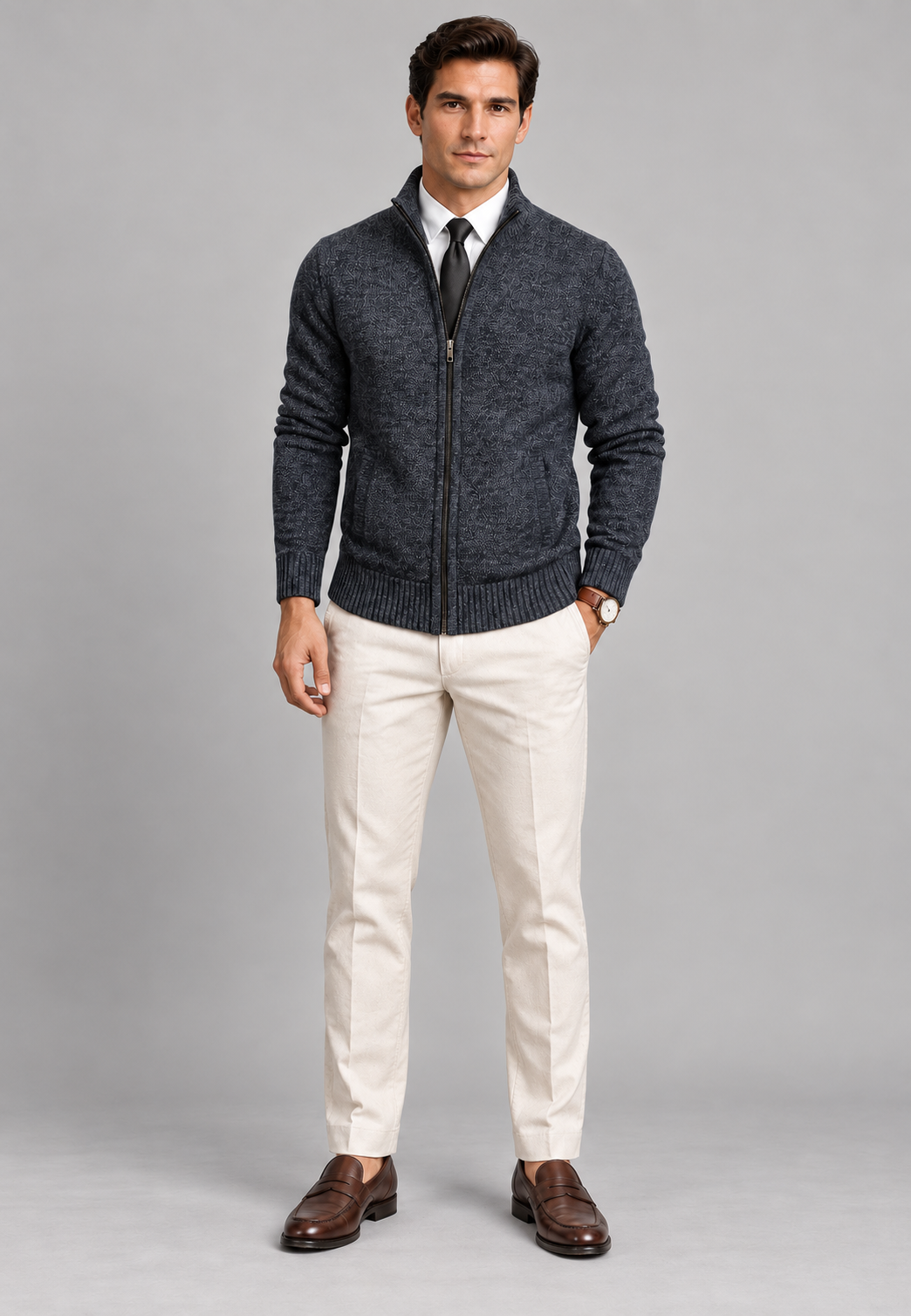 Men's textured zip cardigan with high stand collar and ribbed trims