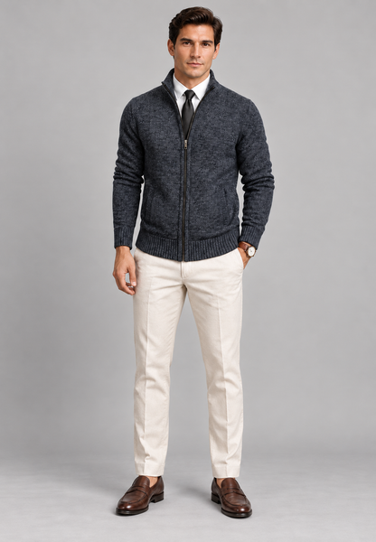 Men's textured zip cardigan with high stand collar and ribbed trims