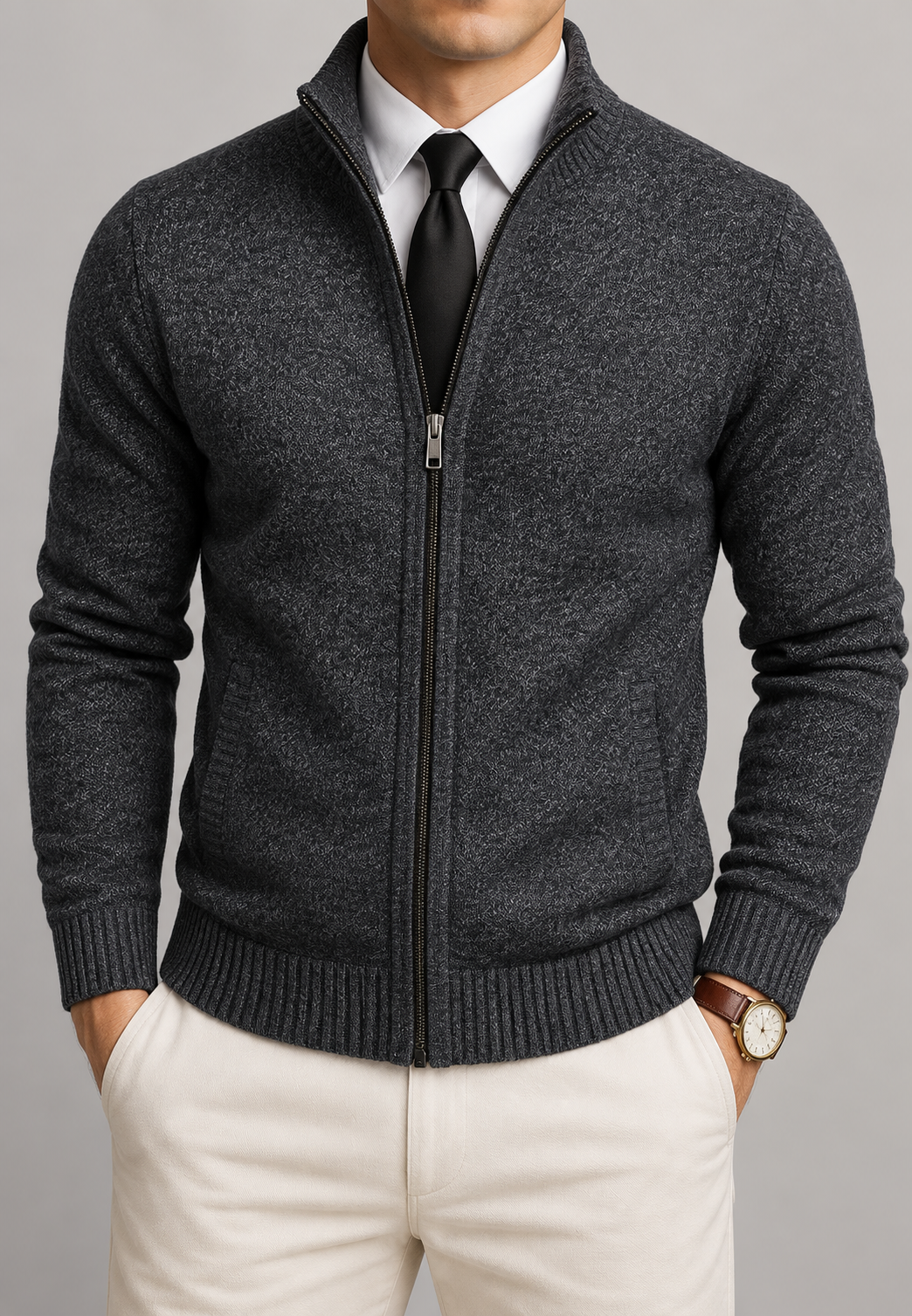 Men's textured zip cardigan with high stand collar and ribbed trims
