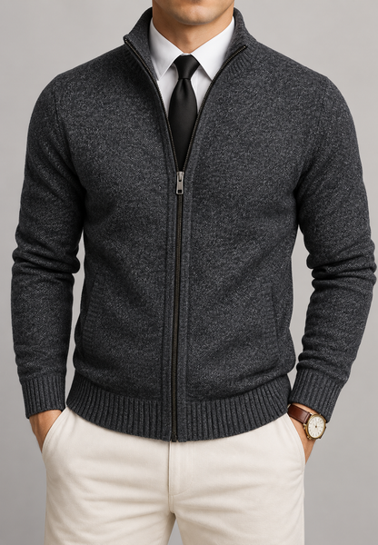 Men's textured zip cardigan with high stand collar and ribbed trims