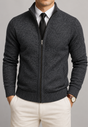 Men's textured zip cardigan with high stand collar and ribbed trims