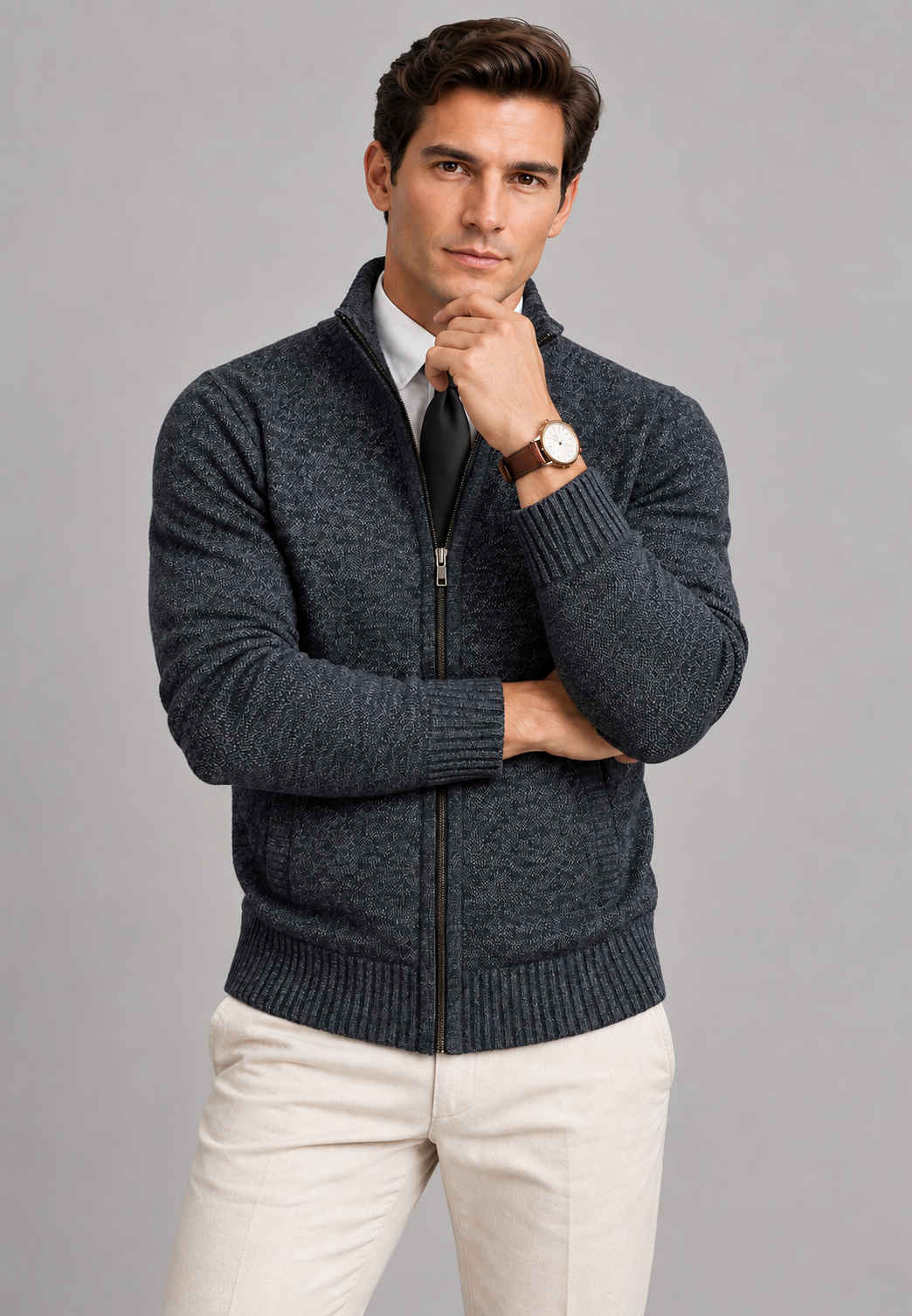 Men's textured zip cardigan with high stand collar and ribbed trims