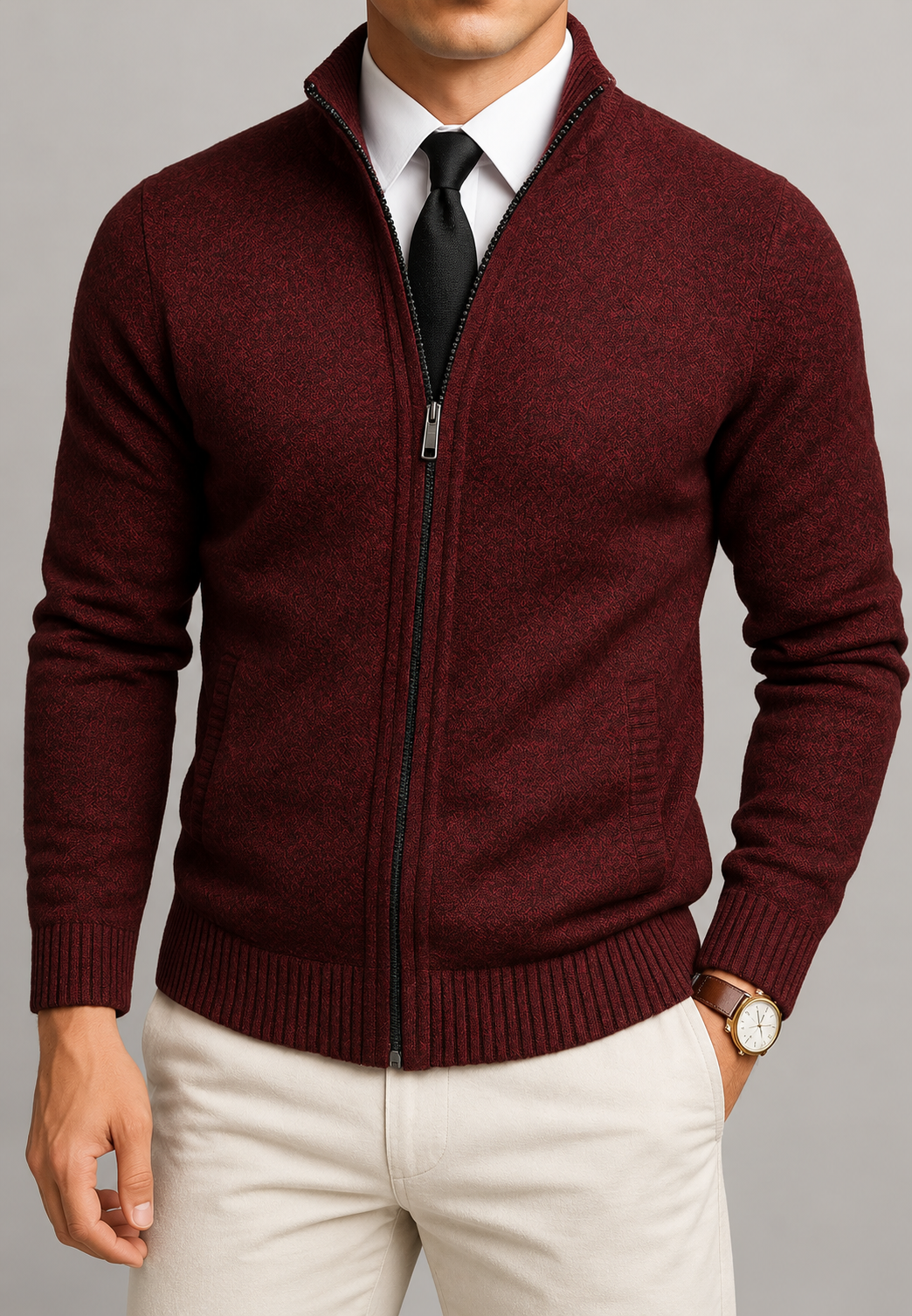 Men's textured zip cardigan with high stand collar and ribbed trims