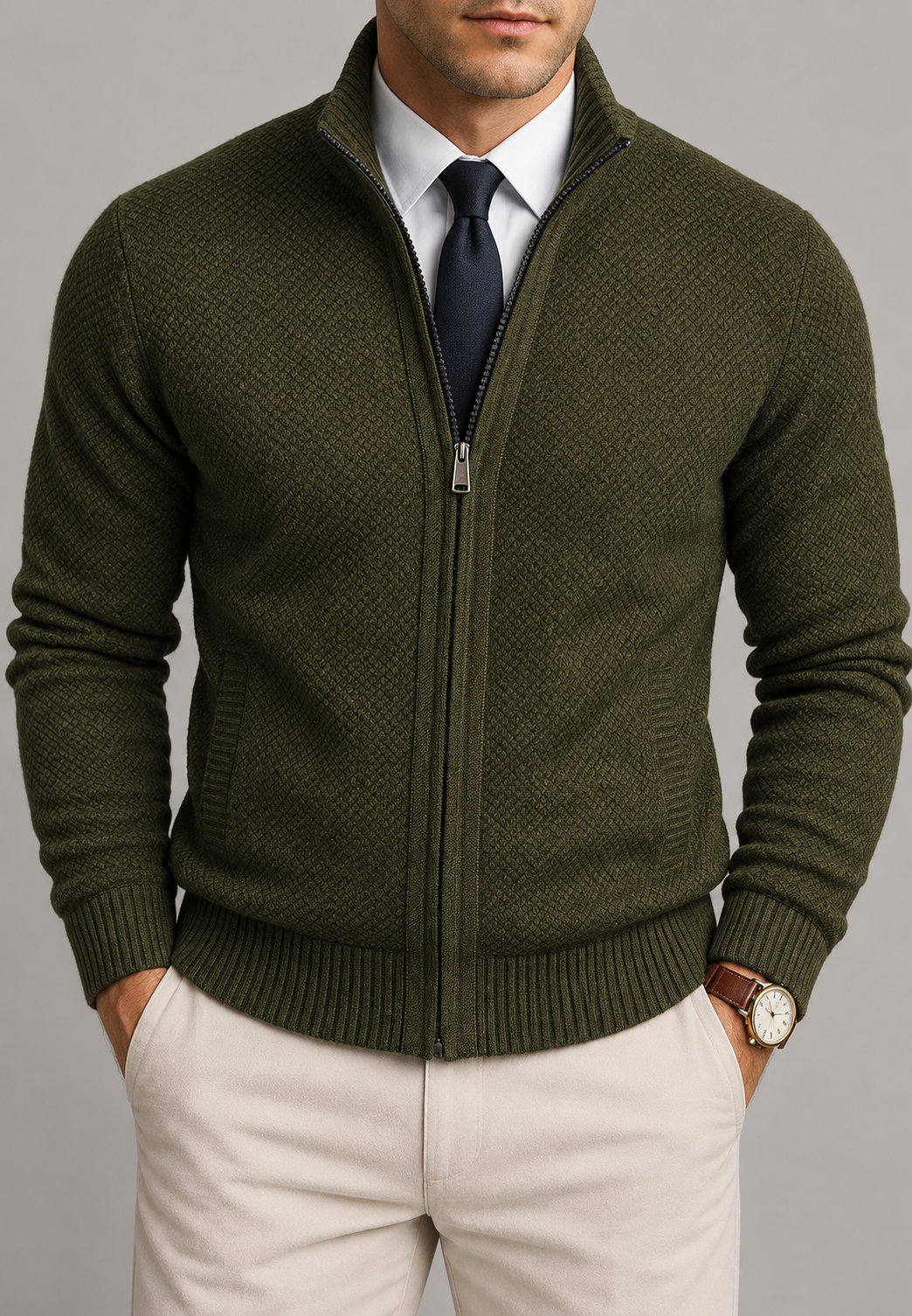 Men's textured zip cardigan with high stand collar and ribbed trims