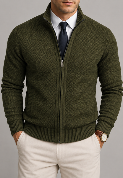 Men's textured zip cardigan with high stand collar and ribbed trims