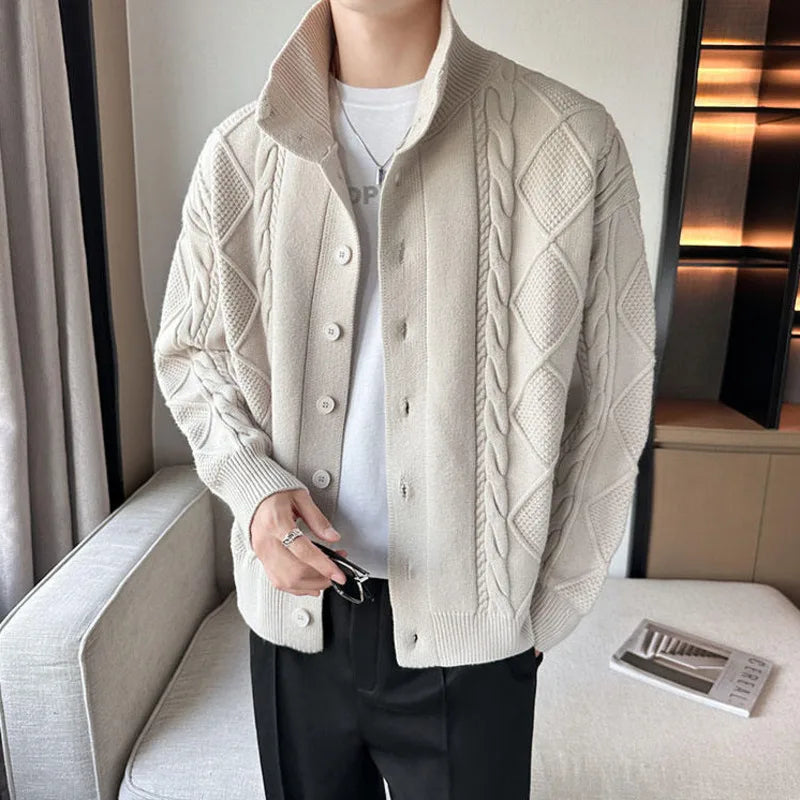 Men's textured cable knit cardigan with high neck and button front