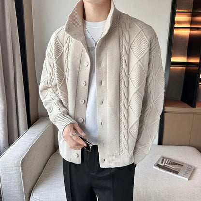Men's textured cable knit cardigan with high neck and button front