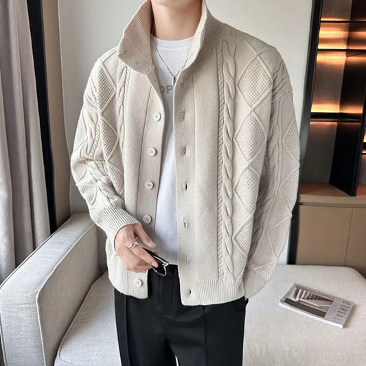 Men's textured cable knit cardigan with high neck and button front