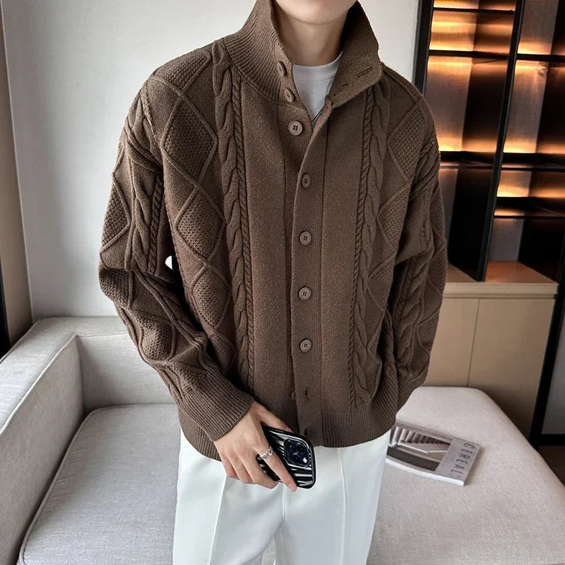 Men's textured cable knit cardigan with high neck and button front