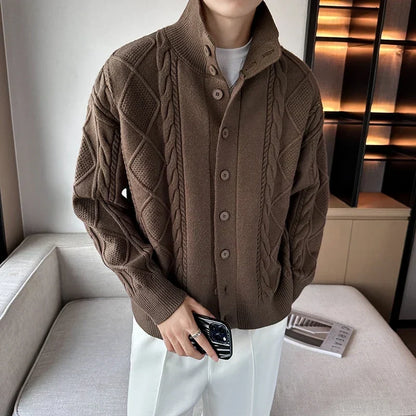 Men's textured cable knit cardigan with high neck and button front