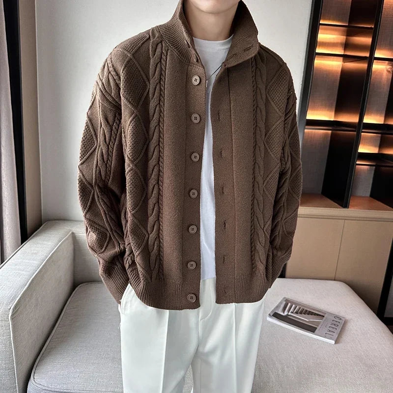 Men's textured cable knit cardigan with high neck and button front