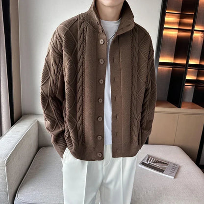 Men's textured cable knit cardigan with high neck and button front