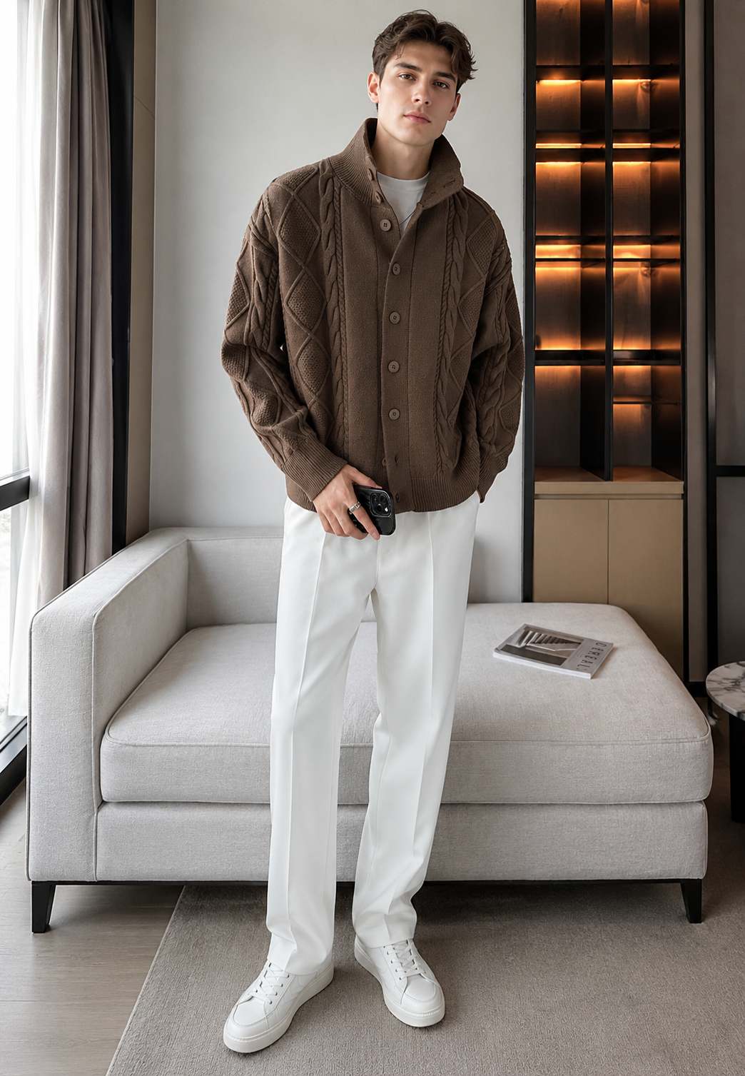 Men's textured cable knit cardigan with high neck and button front