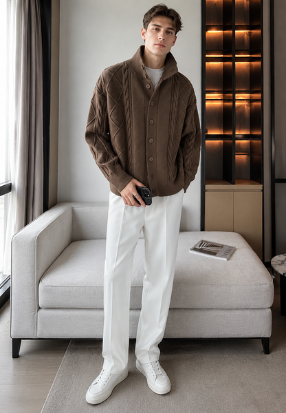 Men's textured cable knit cardigan with high neck and button front