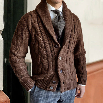 Men's cable knit button cardigan with shawl collar and long sleeves