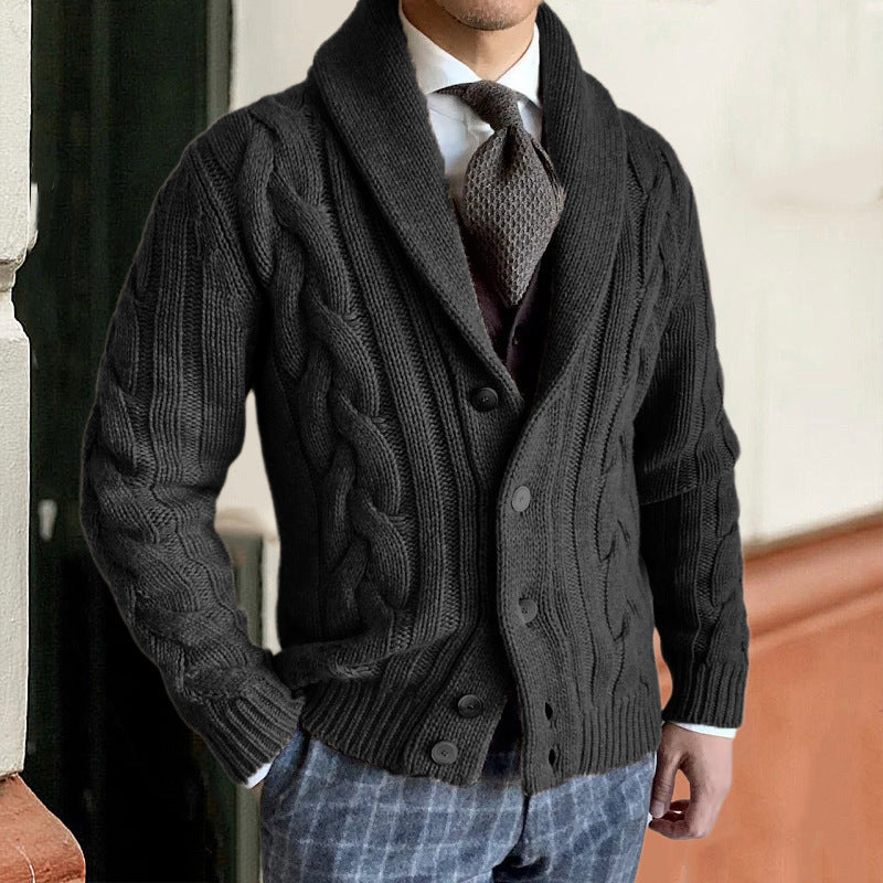 Men's cable knit button cardigan with shawl collar and long sleeves