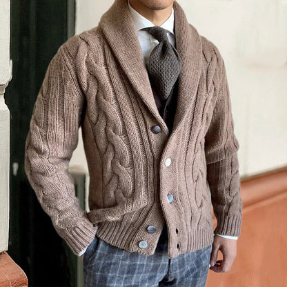 Men's cable knit button cardigan with shawl collar and long sleeves