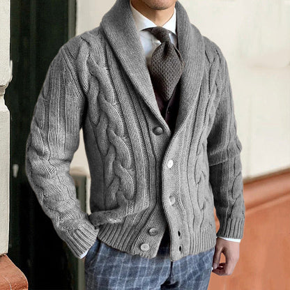 Men's cable knit button cardigan with shawl collar and long sleeves