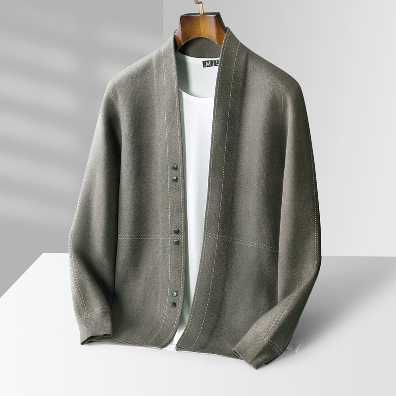 Men's textured cardigan with stand collar, button front and long sleeves