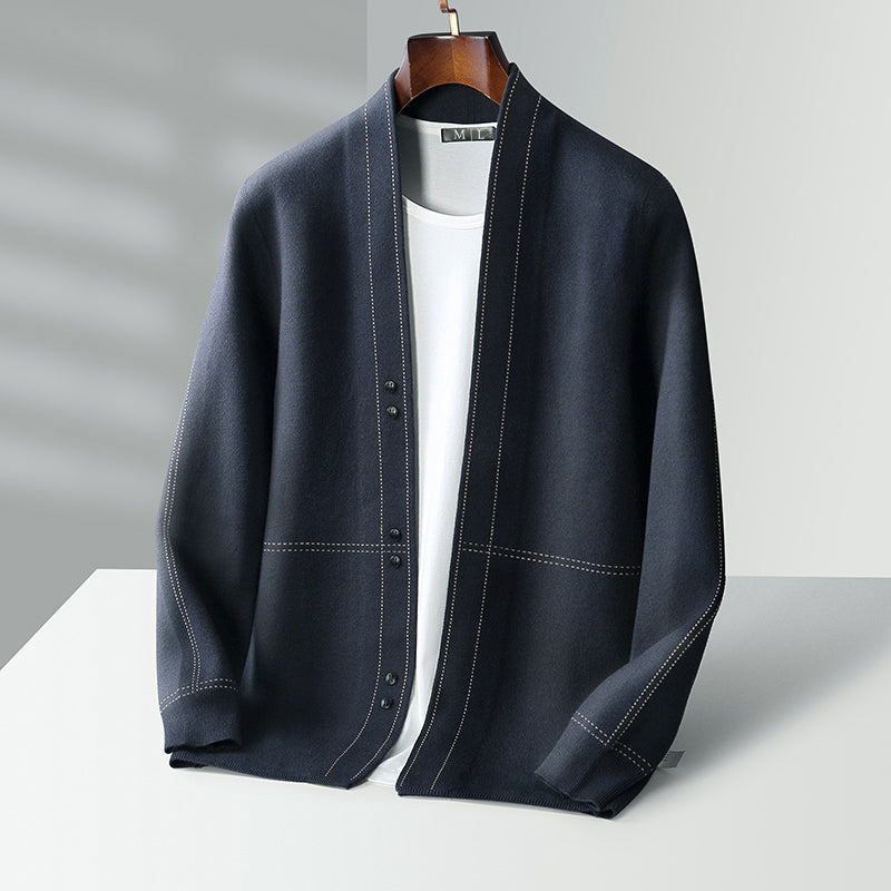 Men's textured cardigan with stand collar, button front and long sleeves