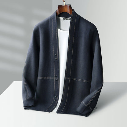 Men's textured cardigan with stand collar, button front and long sleeves